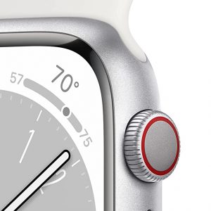 Apple Watch Series 8 [GPS + Cellular 45 mm] Smart Watch w/Silver Aluminium Case with White Sport Band.